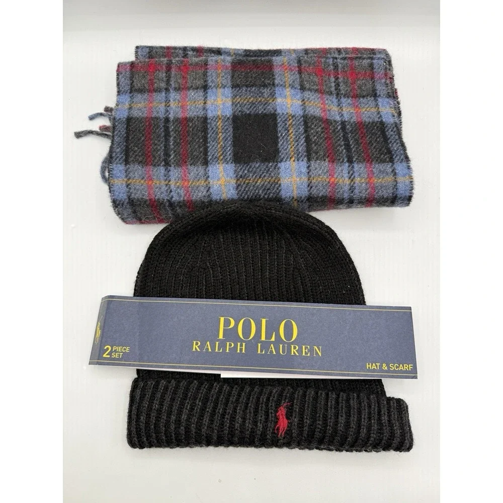 Polo Ralph Lauren Men's Merino Wool 2 Piece Set Hat & Scarf Reversible BLUE